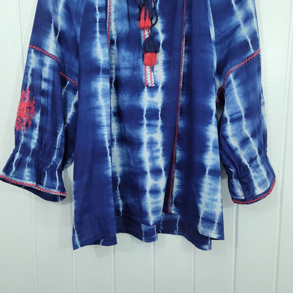 Chicos 4 Womens Sz 20/22 Blue White Tie Dye Tunic Pink Embroidery With Tassels - Picture 3 of 15